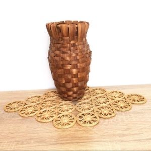 Vintage Large Basketweave Woven Dark Wicker Vase Vessel